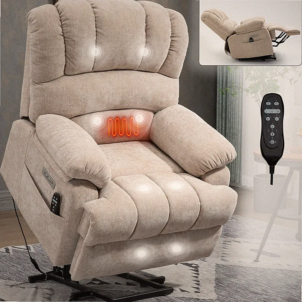 23" High Back Large Beige Chenille Power Lift Recliner Lumbar Heat 8-Pt Massage