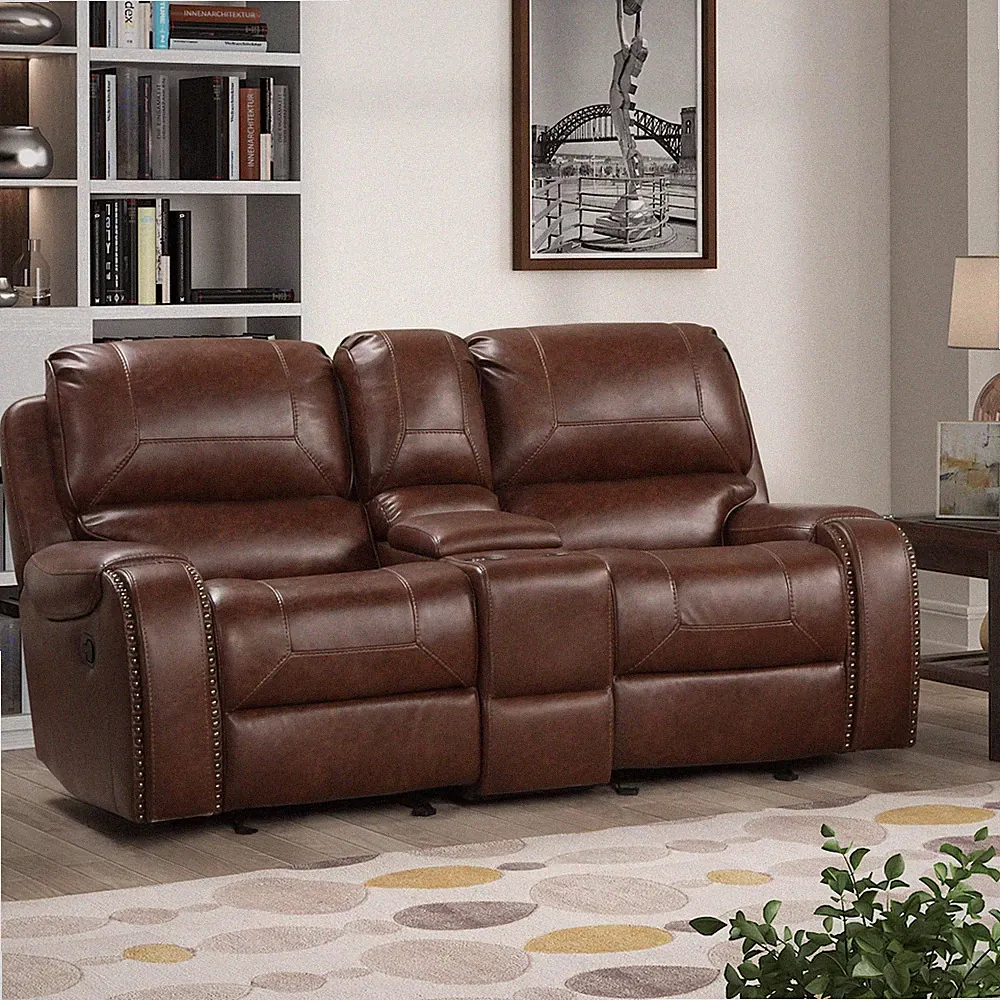 Achern Brown Leather-Air Nailhead Manual Reclining Living Room Collection