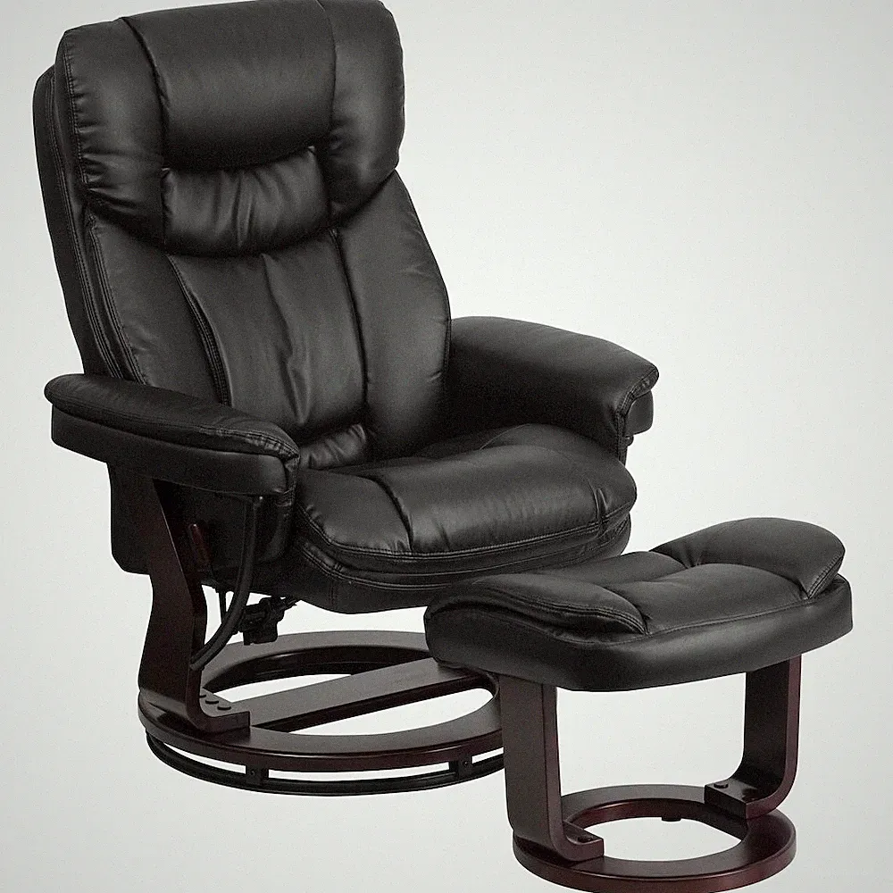 Recliner and Curved Ottoman with Swivel Mahogany Wood Base in Black LeatherSoft