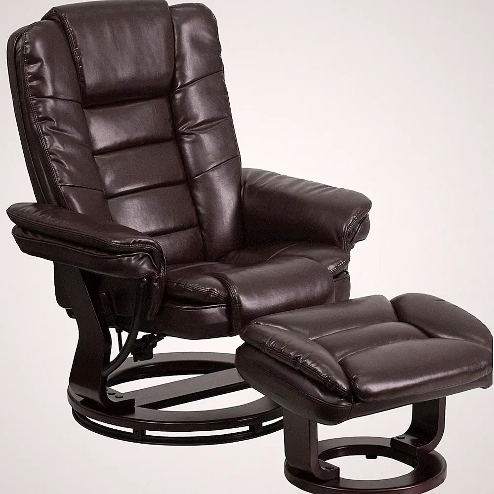 Recliner with Horizontal Stitching and Ottoman with Swivel Mahogany Wood Base